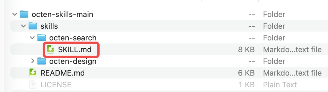 File picker with skills/octen-search/SKILL.md selected