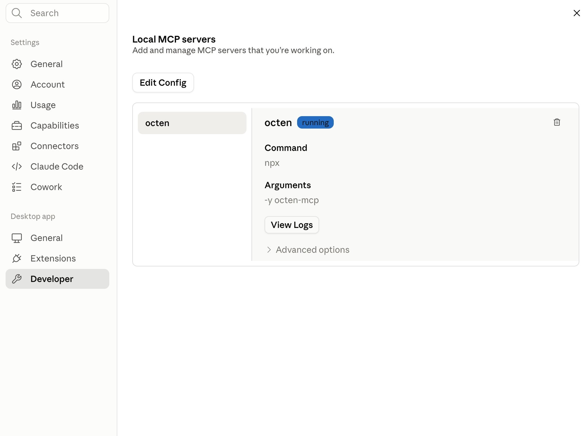 Local MCP servers list showing octen with a running badge