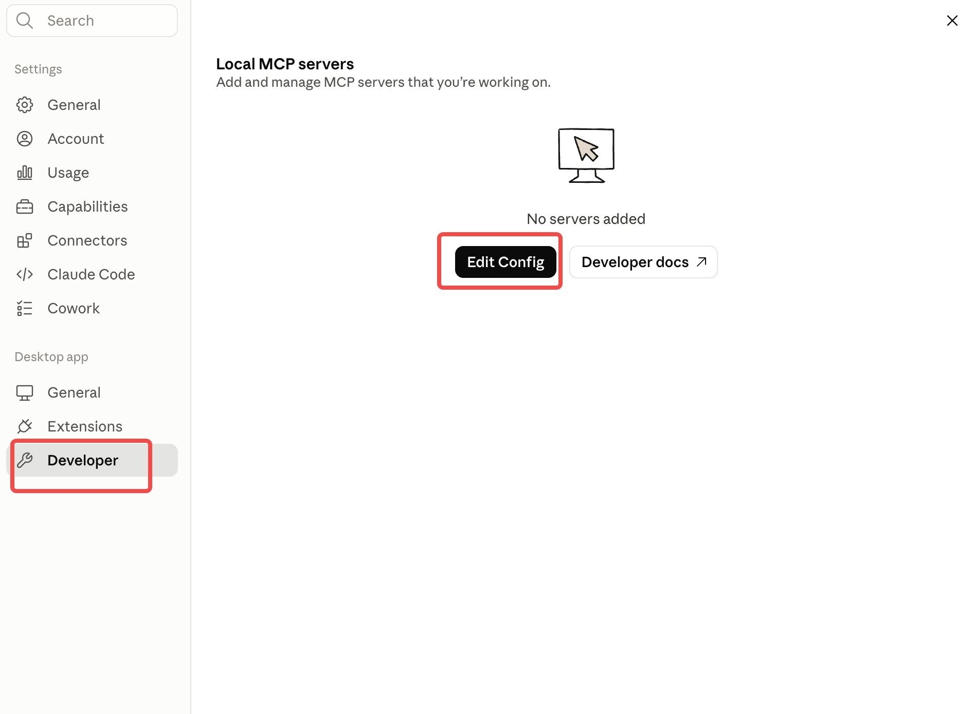 Settings → Developer tab with Edit Config