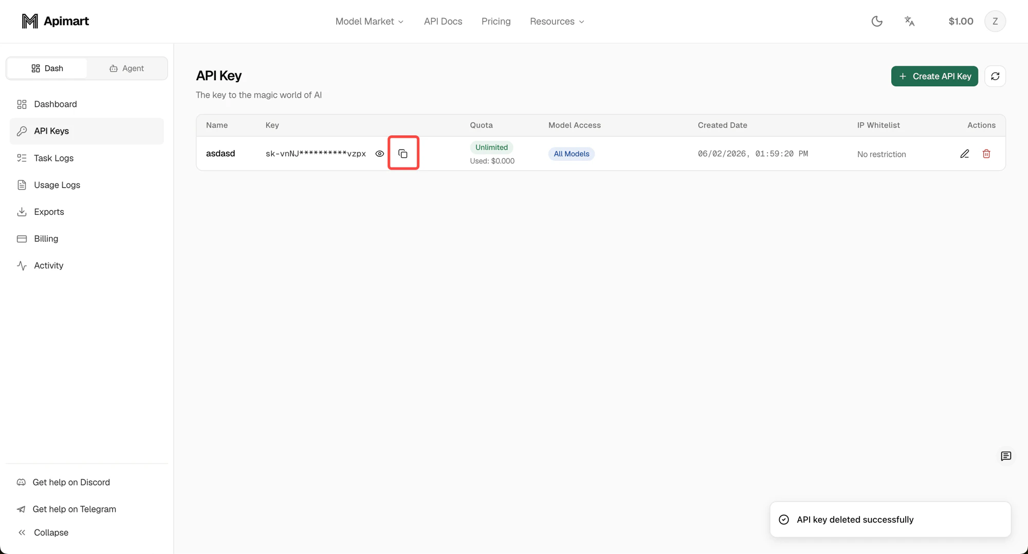 Click the copy icon to copy your API key