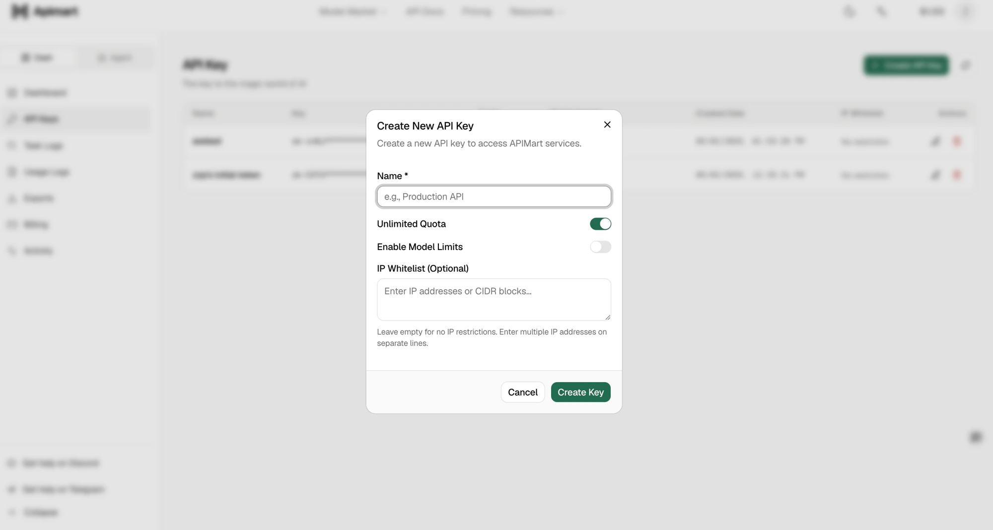 Fill in the Create API Key form