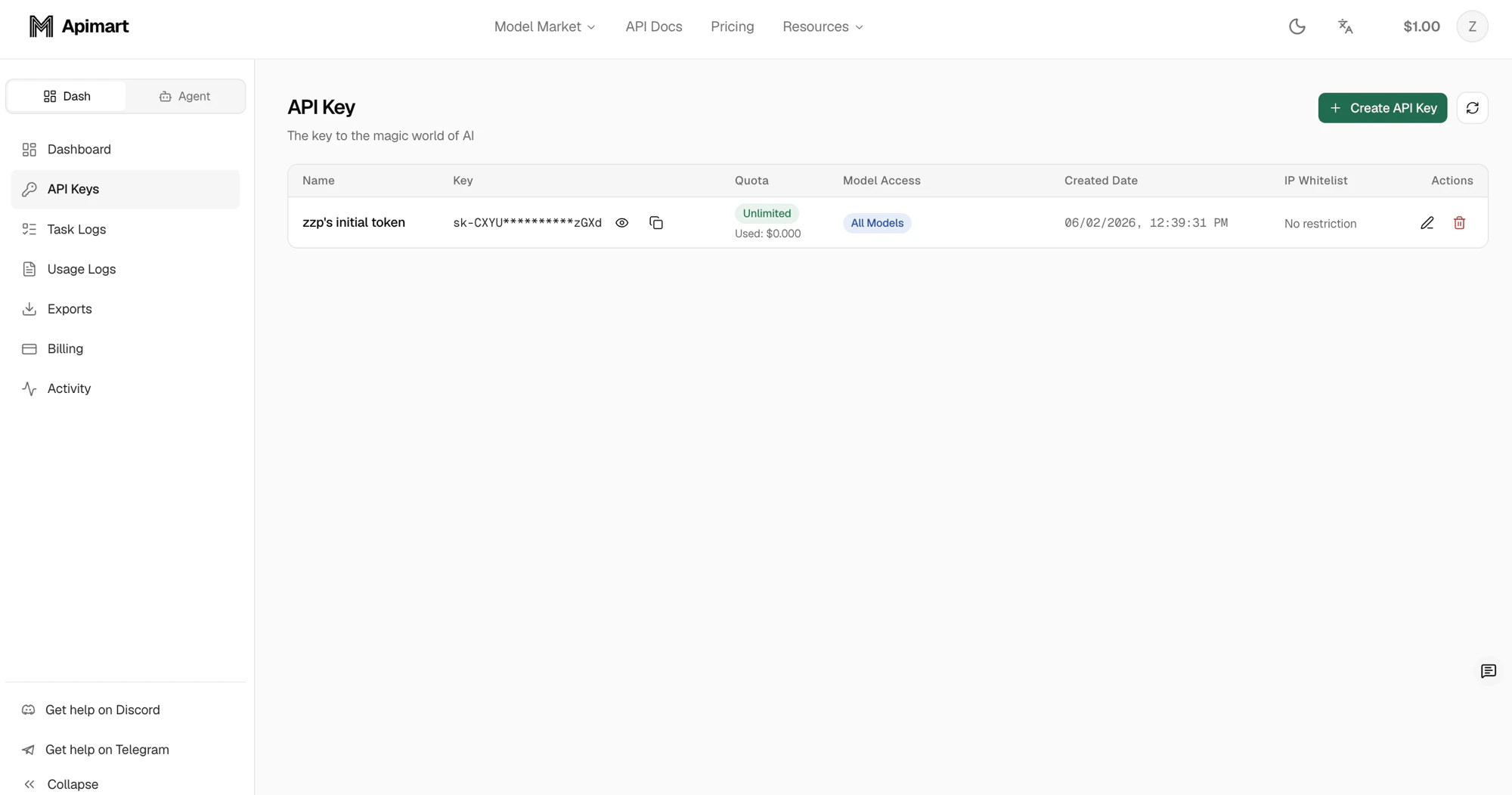 Click Create API Key on the API Keys page