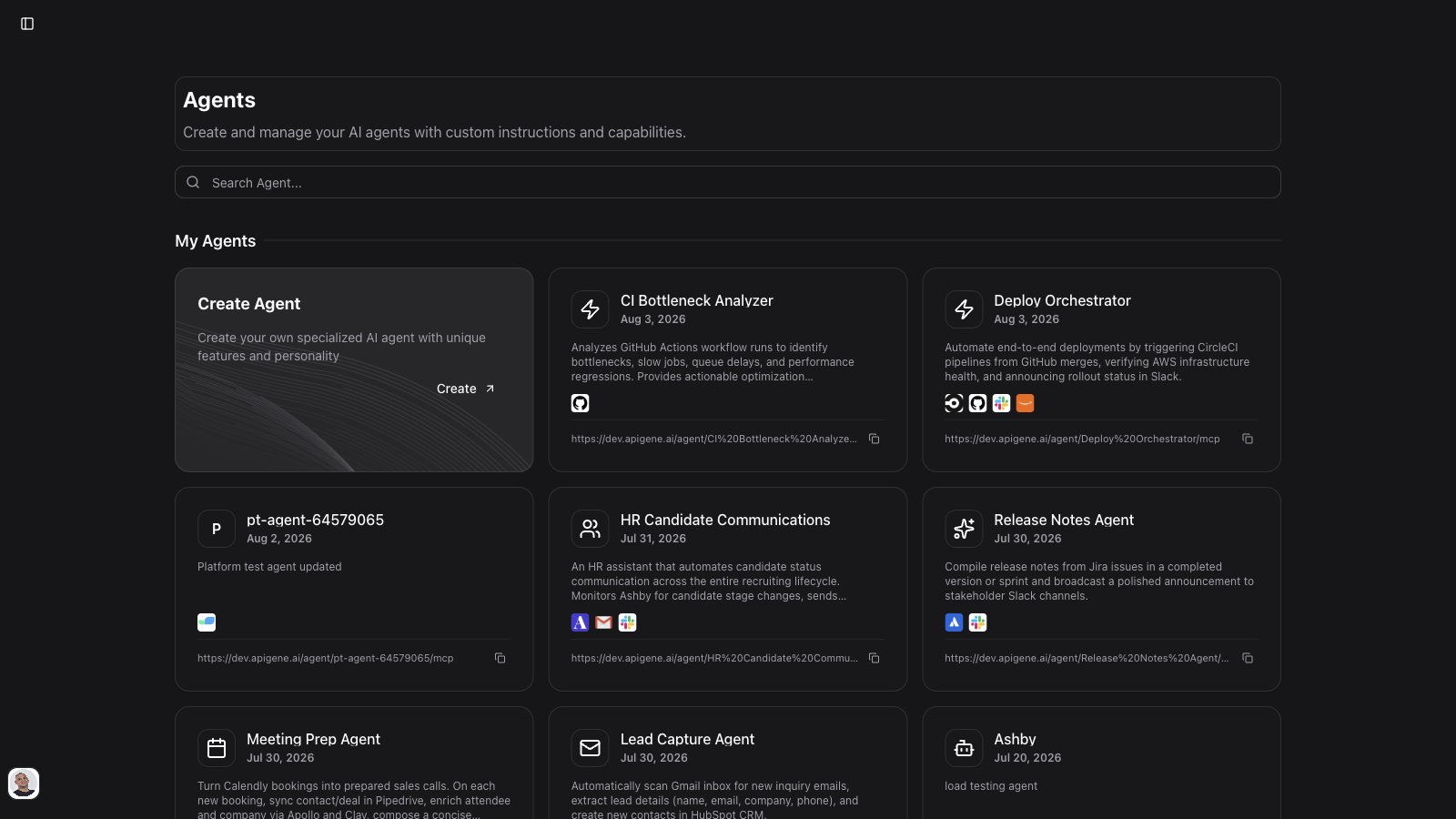 Agents list with Create Agent card and MCP URLs