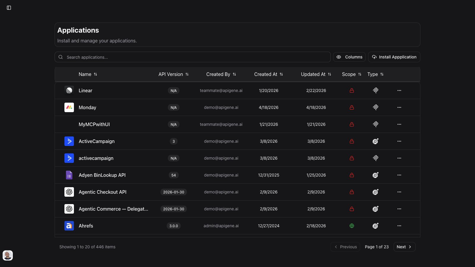 Applications list with search and Install Application
