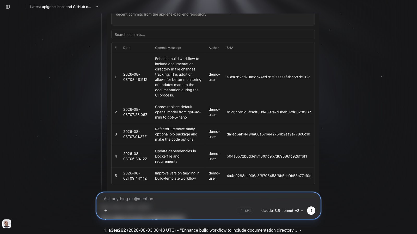 Copilot chat showing generative UI table of GitHub commits