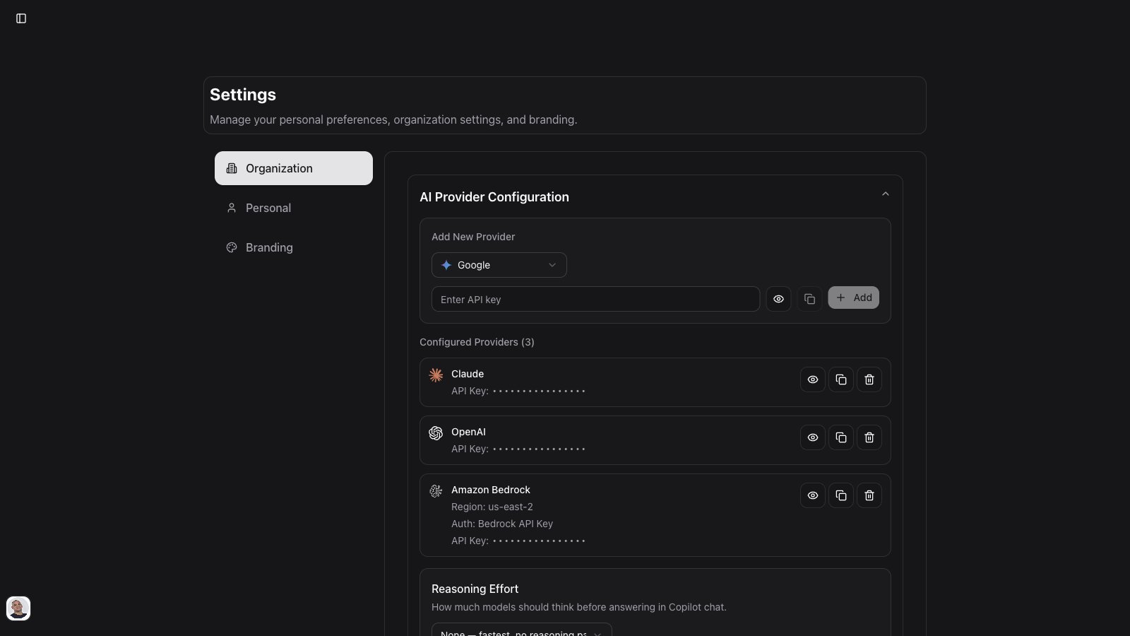Settings Organization tab with AI provider configuration
