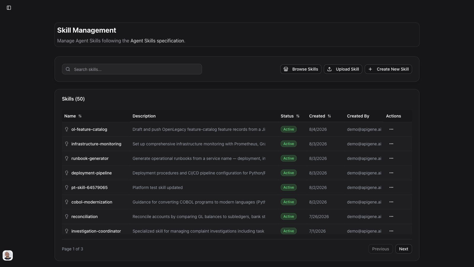 Skill Management page listing organization skills