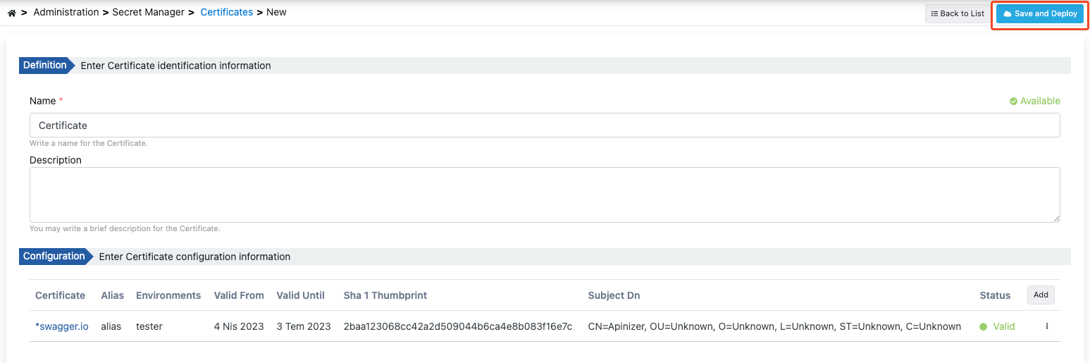 Certificate Save and Deploy