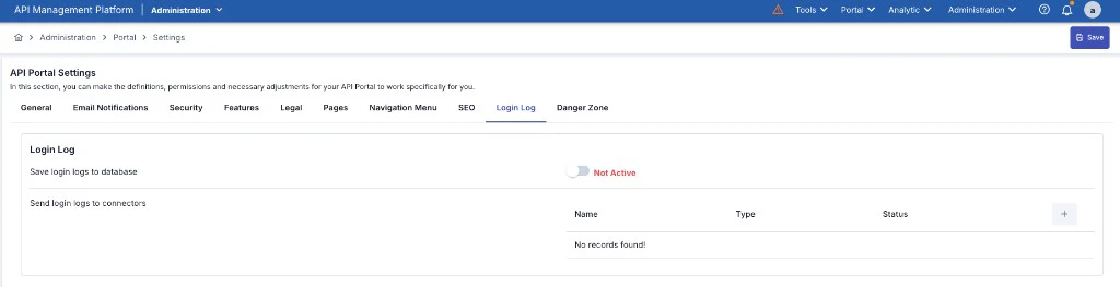 API Portal Settings Login Log tab: save to database and send to connectors