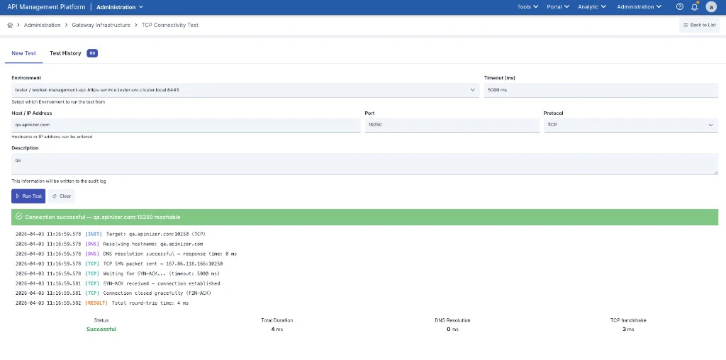 TCP Connectivity Test - New Test Screen