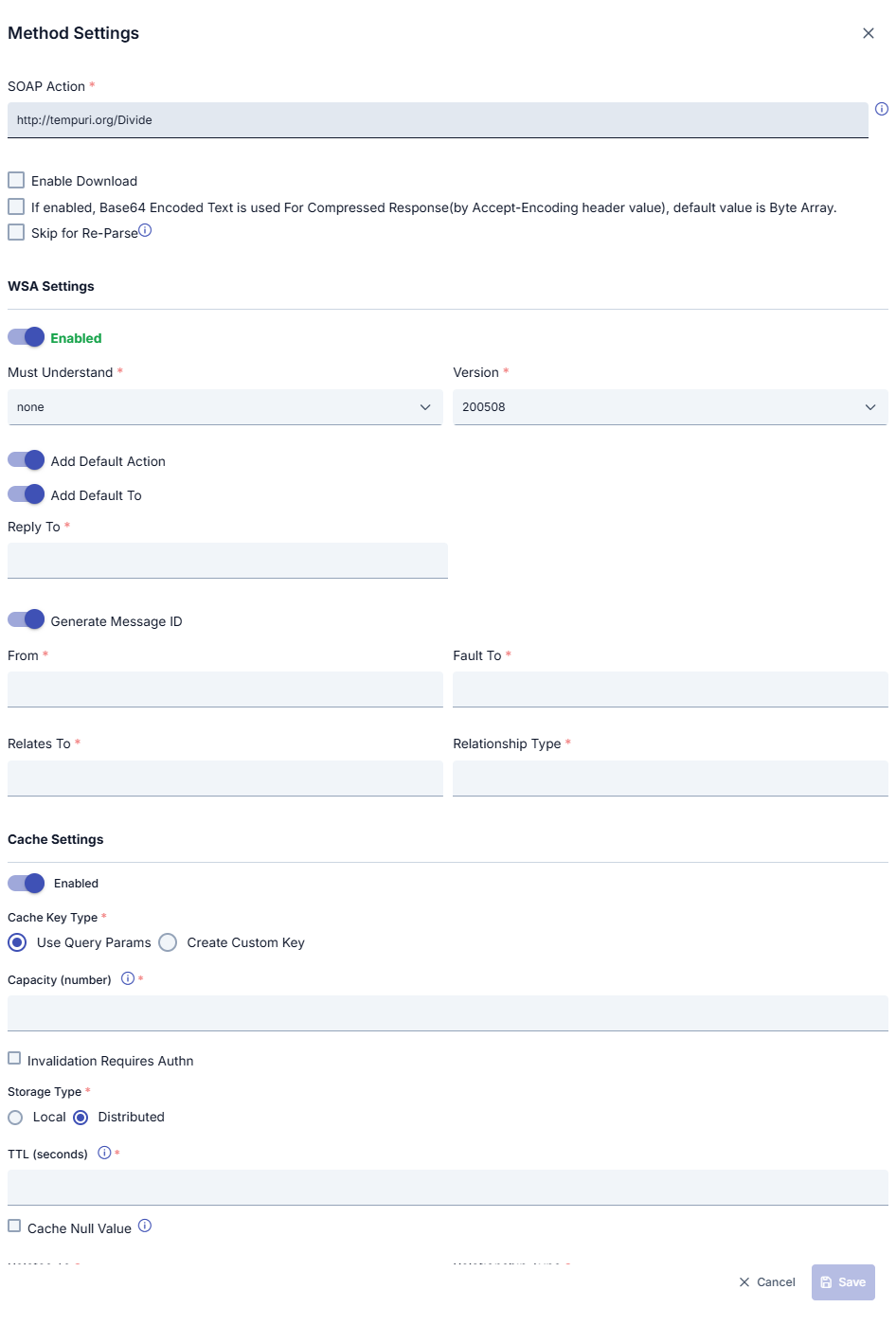 SOAP metod ayarları ekranı