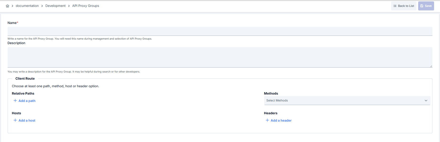 API Proxy Grubu Oluşturma Ekranı