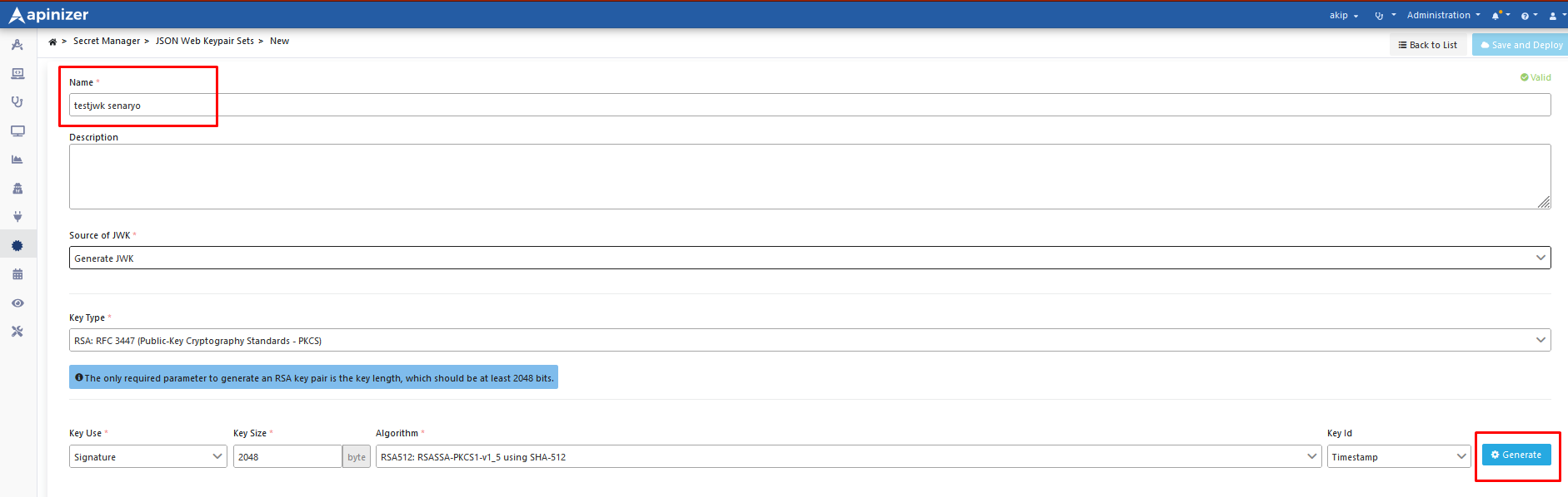 Generate JWK Ekranı