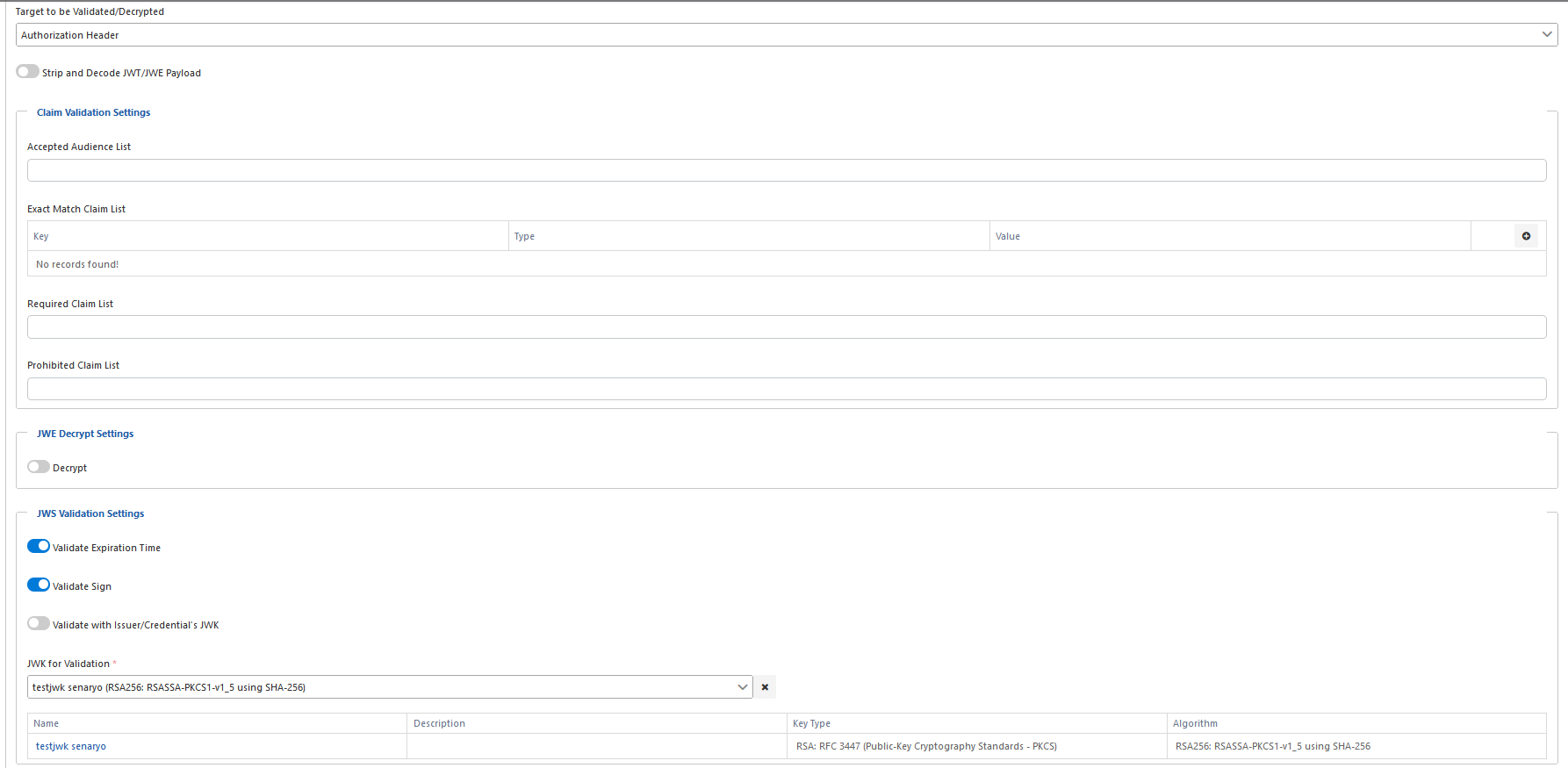 JOSE Validation Ayarları Detay