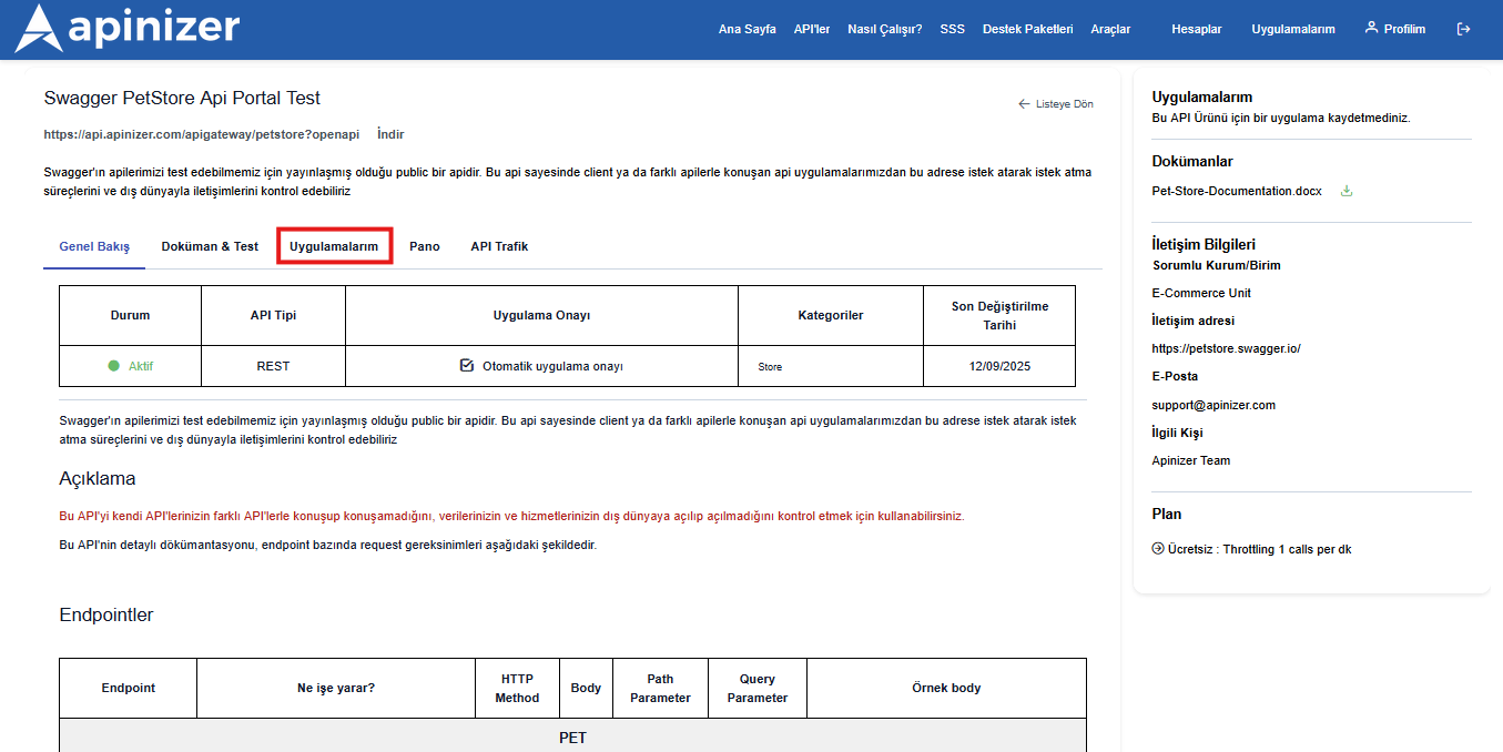 My Applications Tab in API Detail