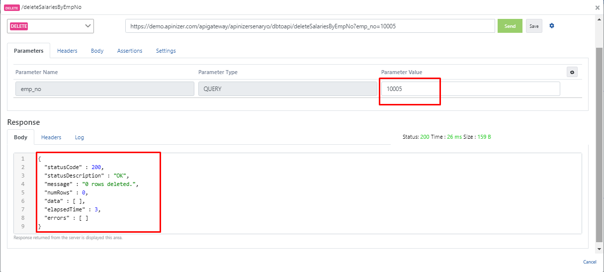 DELETE endpoint test result