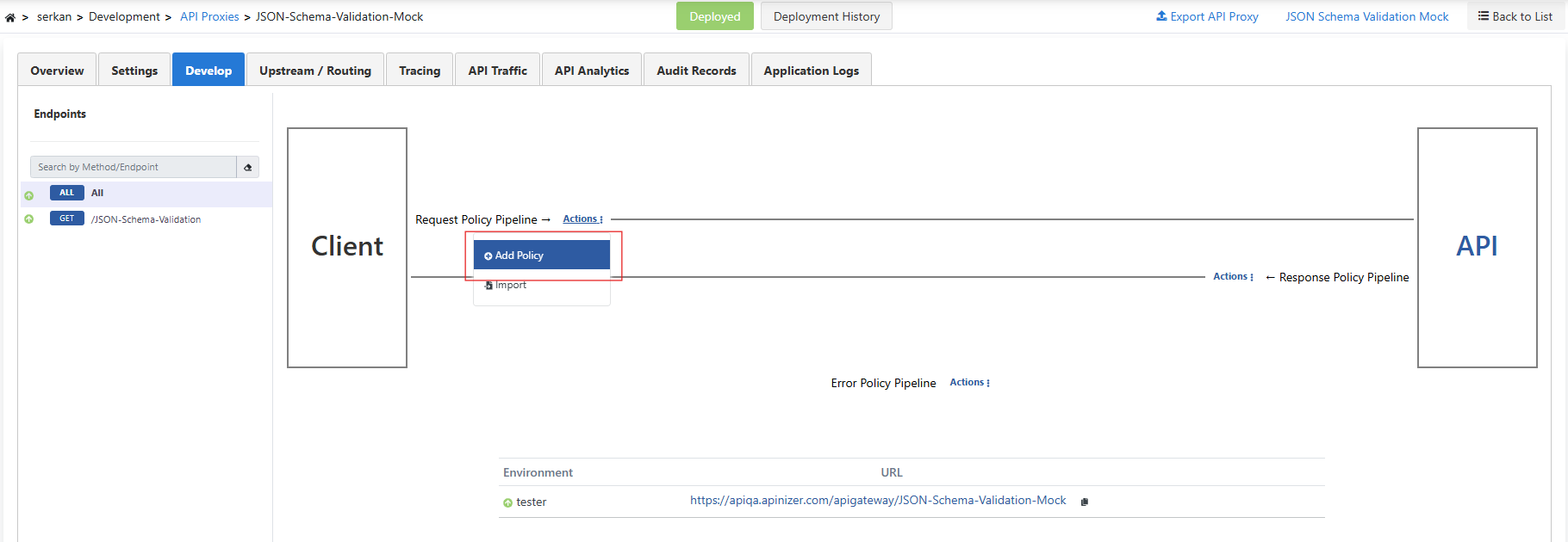 Adding JSON Schema Validation policy to All section