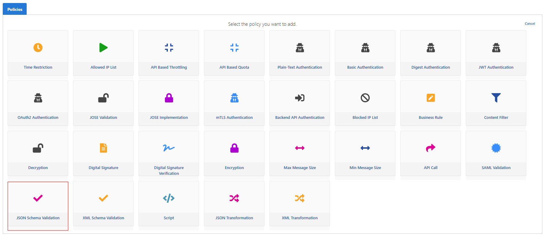 Adding JSON Schema Validation policy