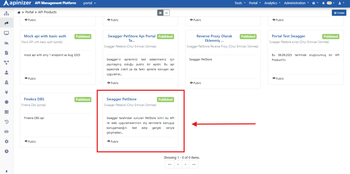 API Products Listesi - Yayınlanmış