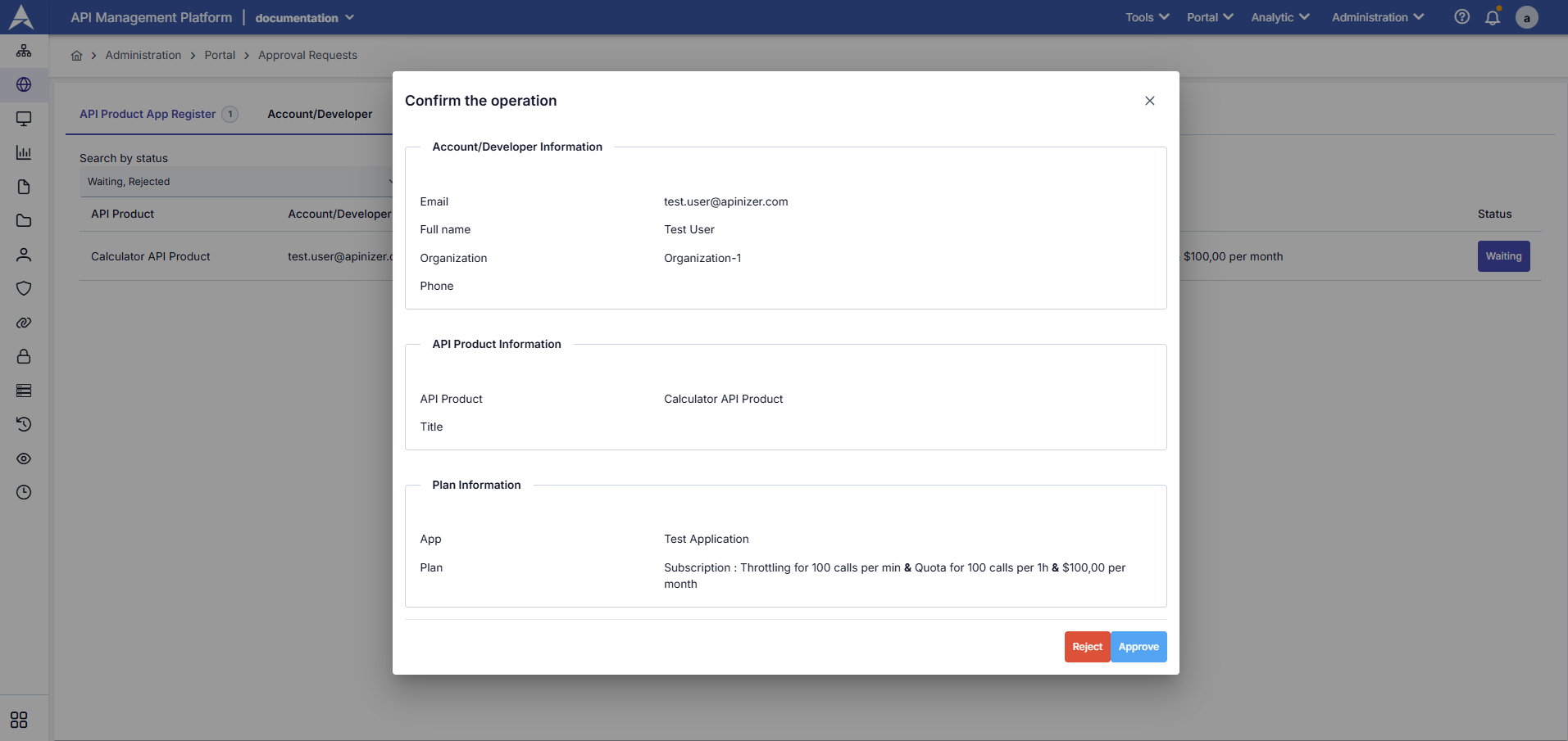 API Product Application Registrations Screen