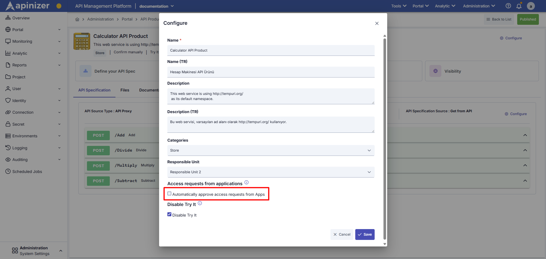 API Product Application Registrations Screen