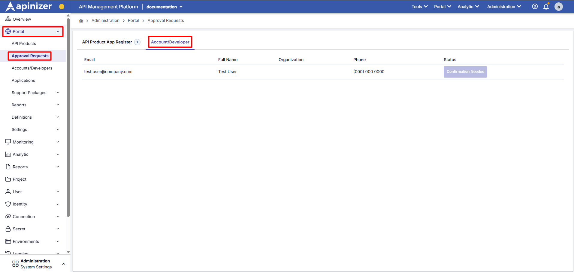 API Product Application Registrations Screen