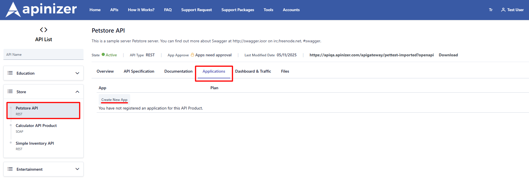 API Product Application Registrations Screen