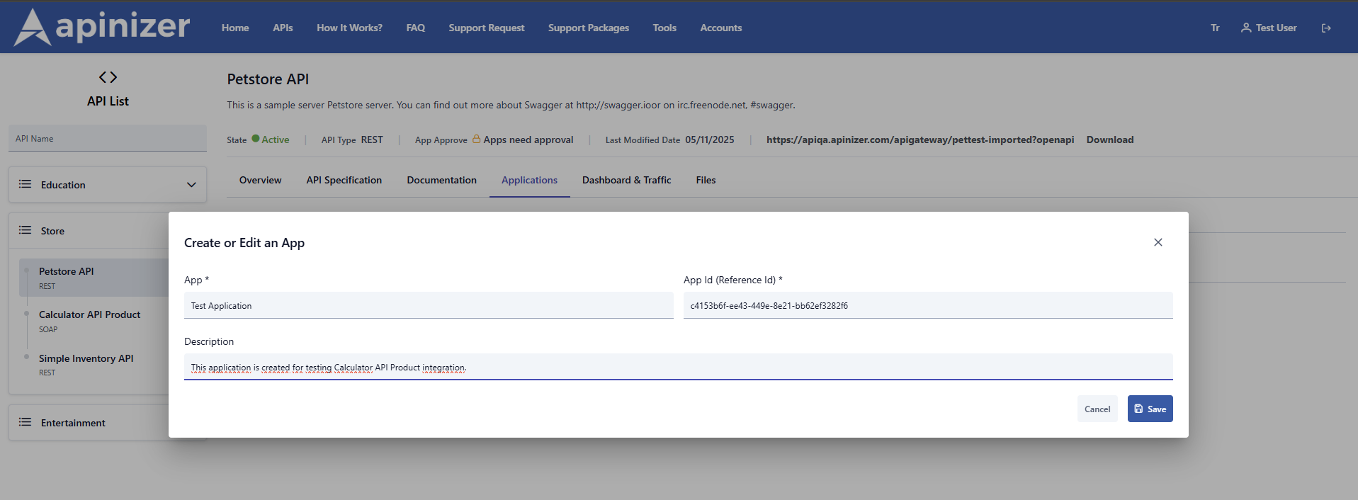 API Product Application Registrations Screen