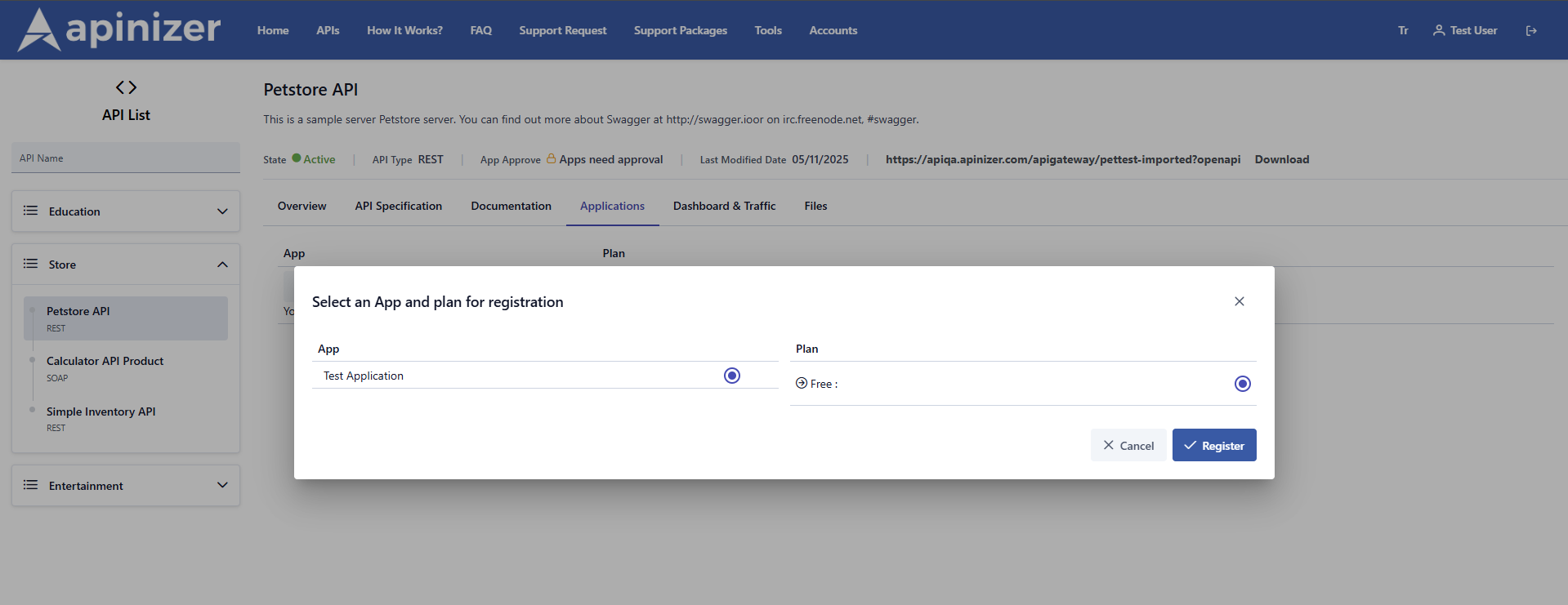 API Product Application Registrations Screen
