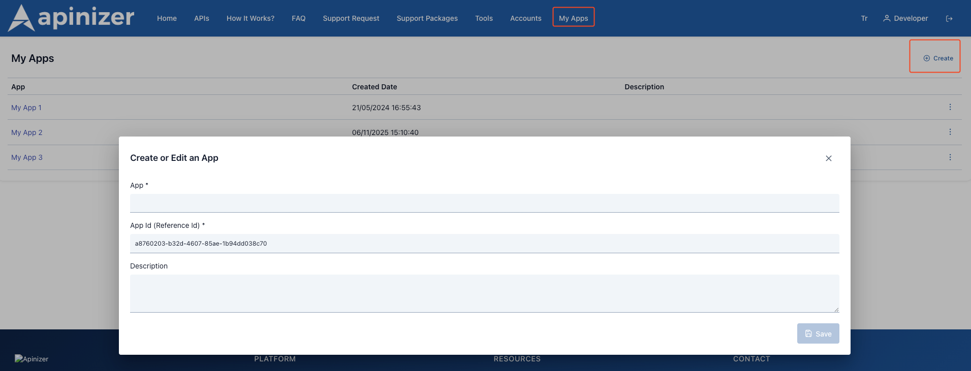 My Applications Page on Portal