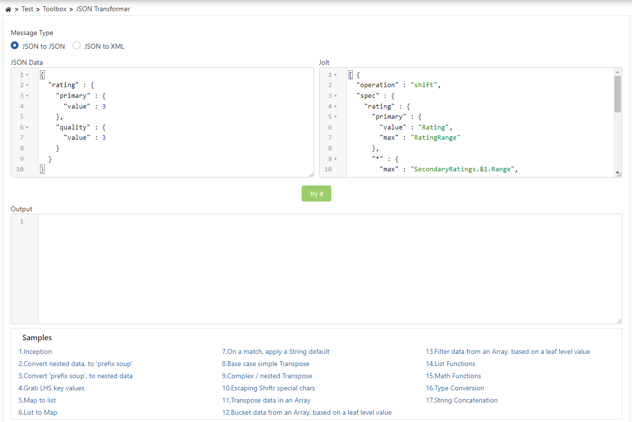 JSON to JSON Transformer settings