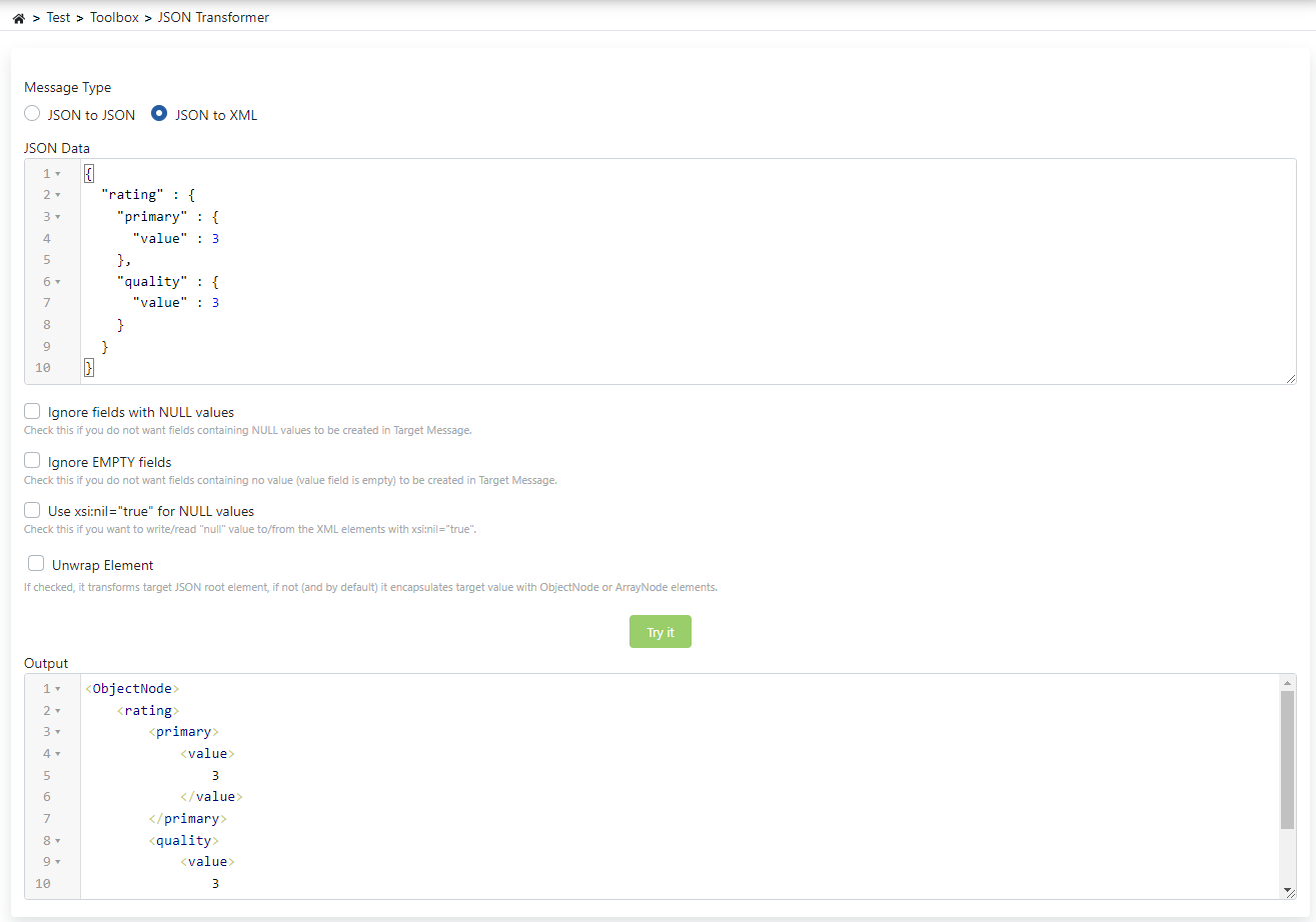 JSON to XML Transformer settings