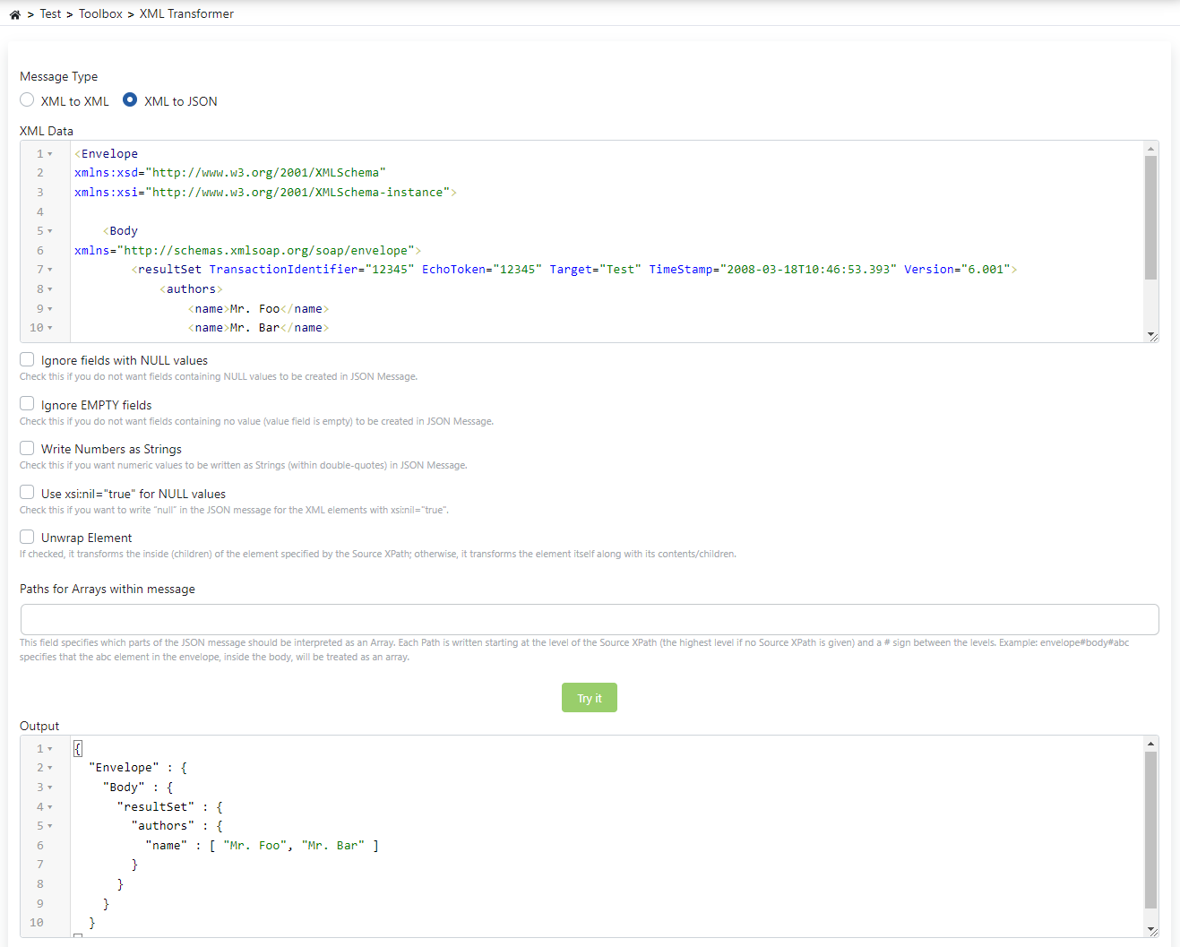 XML to JSON Transformer