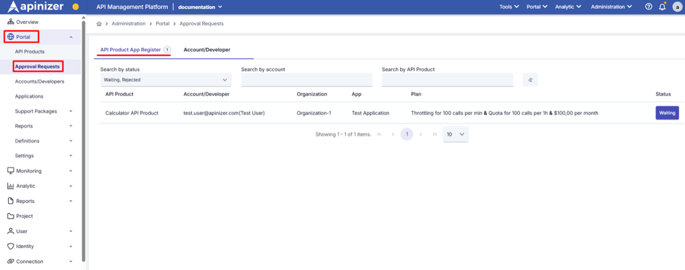 API Product Application Registrations Screen
