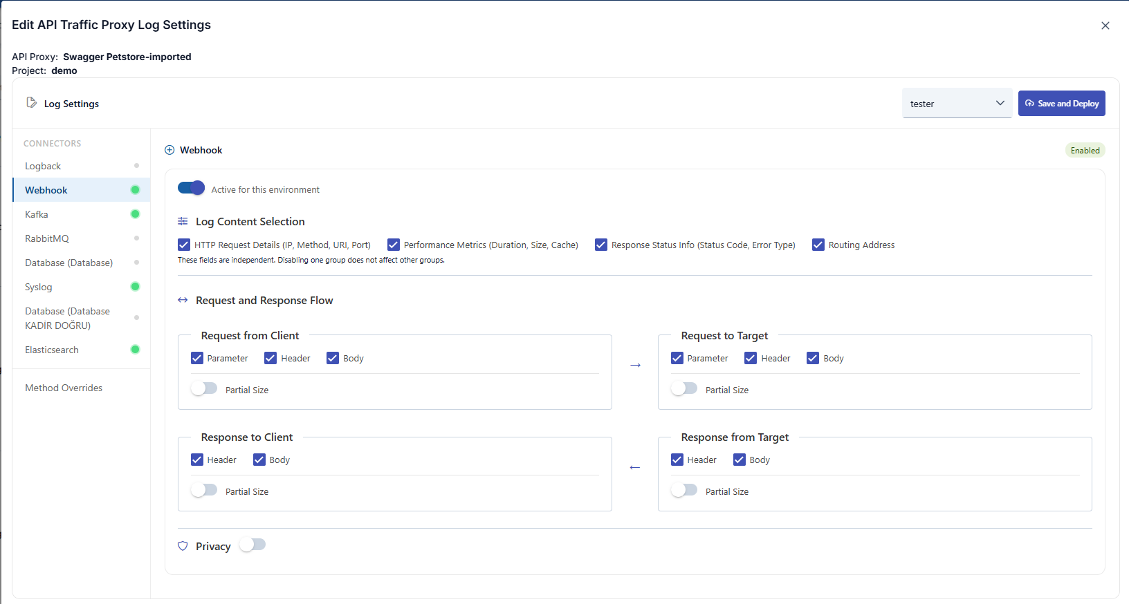 Webhook connector: log content, request-response flow, and privacy settings