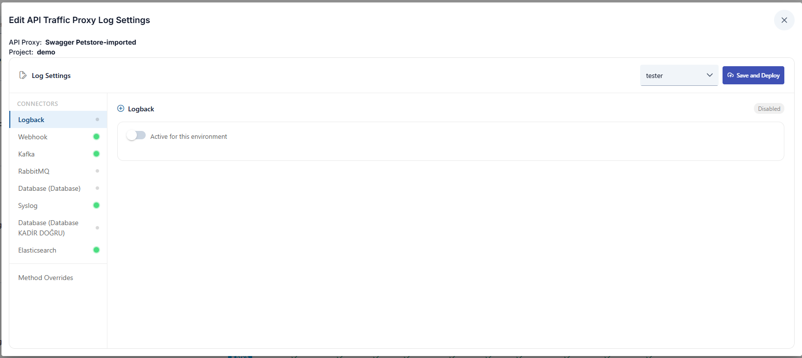 Edit API Traffic Proxy Log Settings: CONNECTORS menu with Logback selected