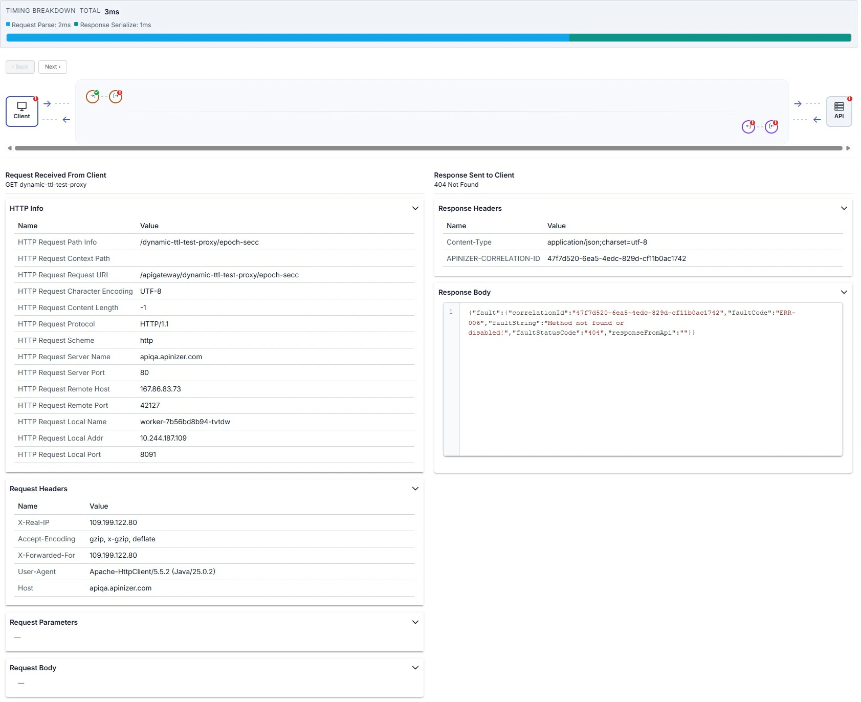 Trace drawer: failed request with map warnings and 404 fault response
