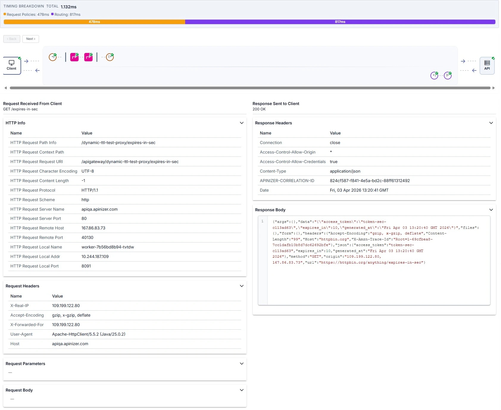 Trace drawer: successful flow with timing, map, and Client step