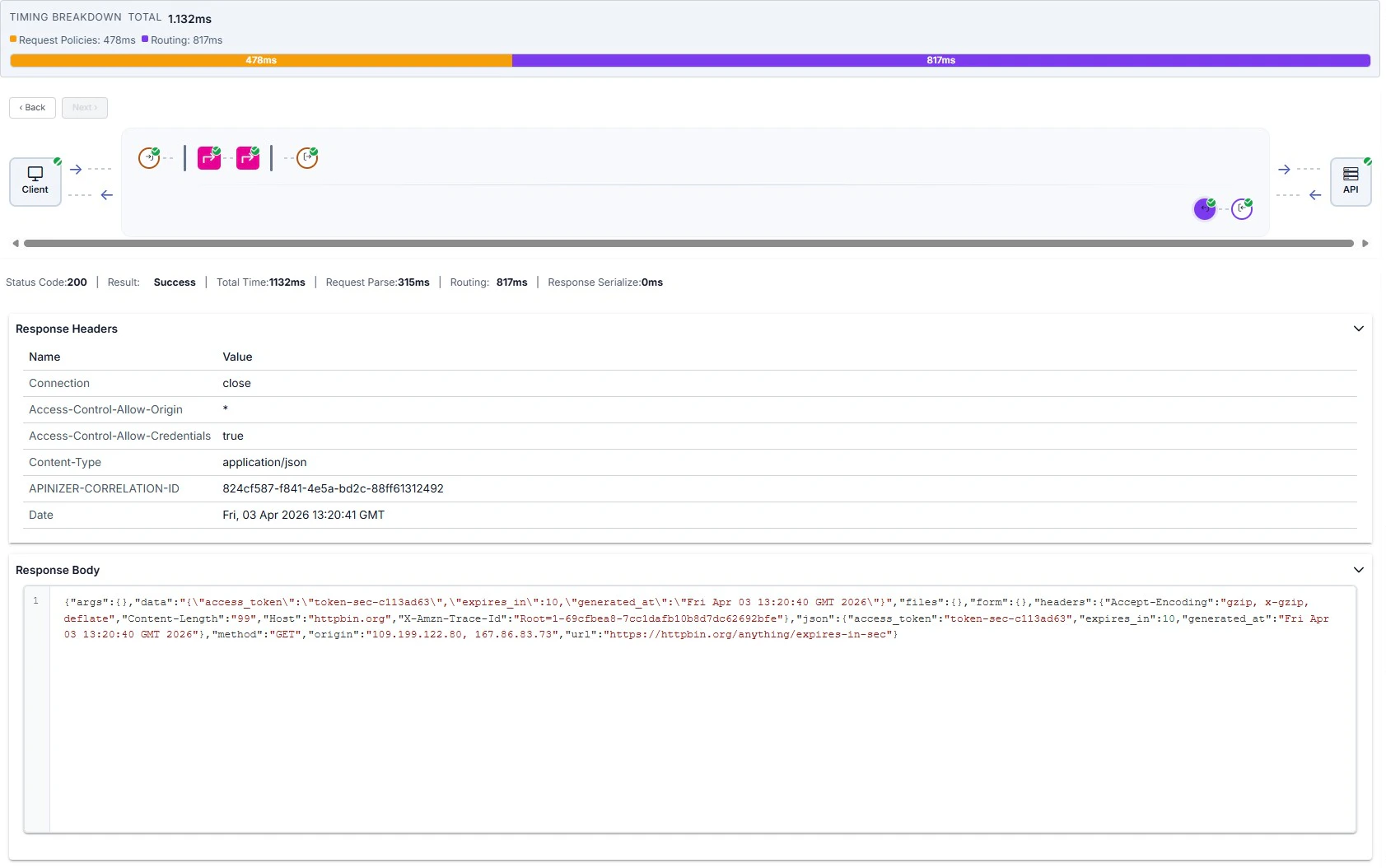Trace drawer: response to client and timing summary