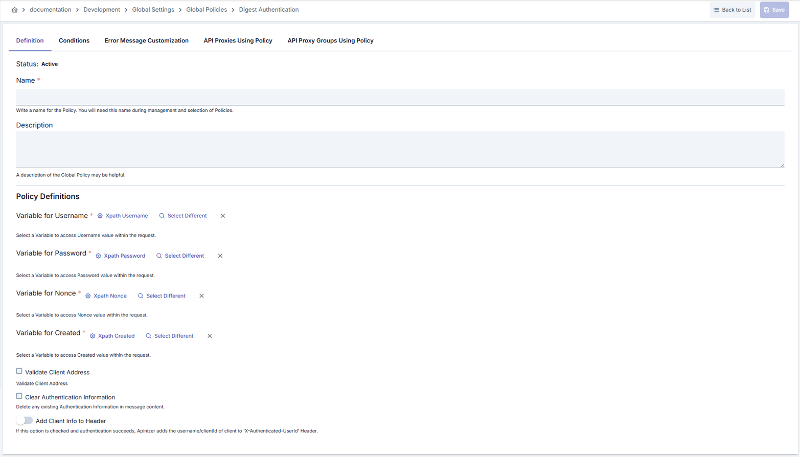 Digest Authentication Policy Configuration