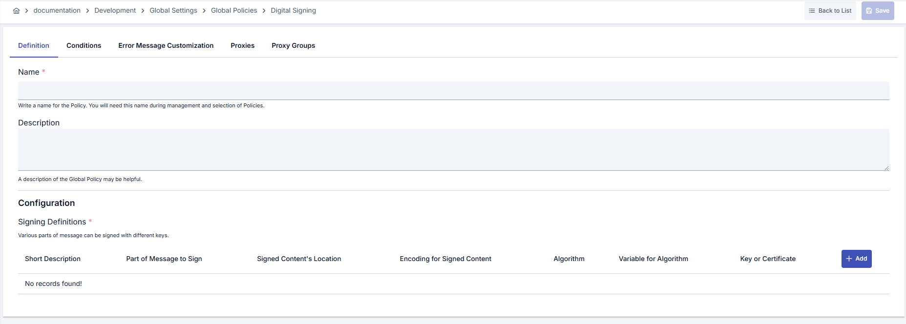 Digital Signature Policy Configuration