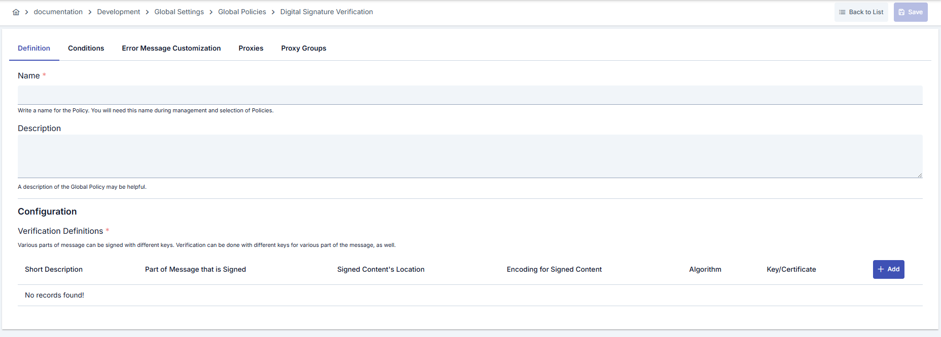 Digital Signature Verification Policy Configuration