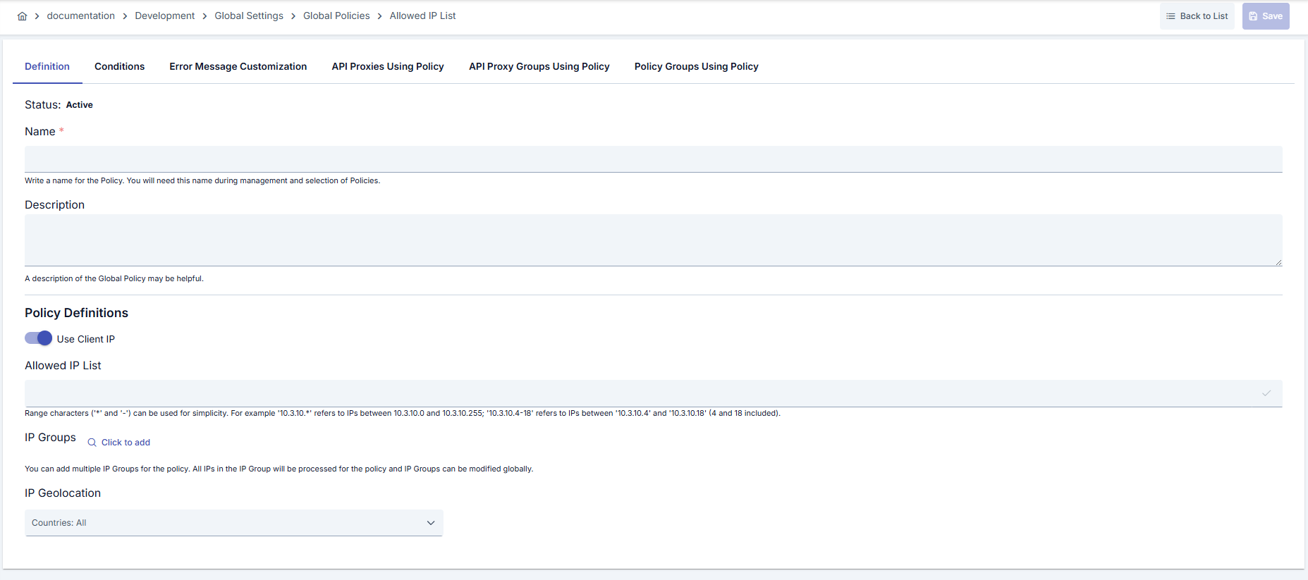Allowed IP List Policy Configuration