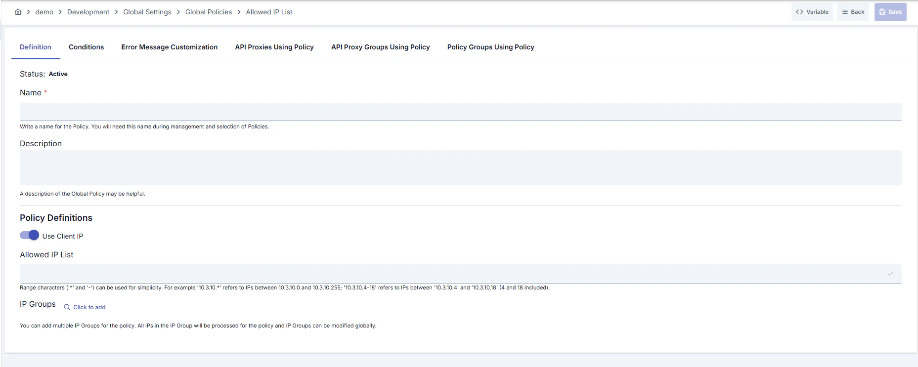 Allowed IP List Policy Configuration