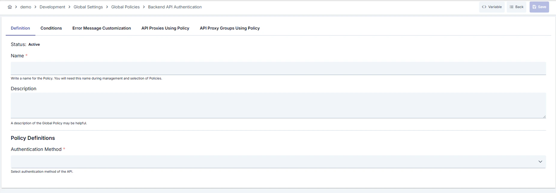Backend API Authentication Policy Configuration