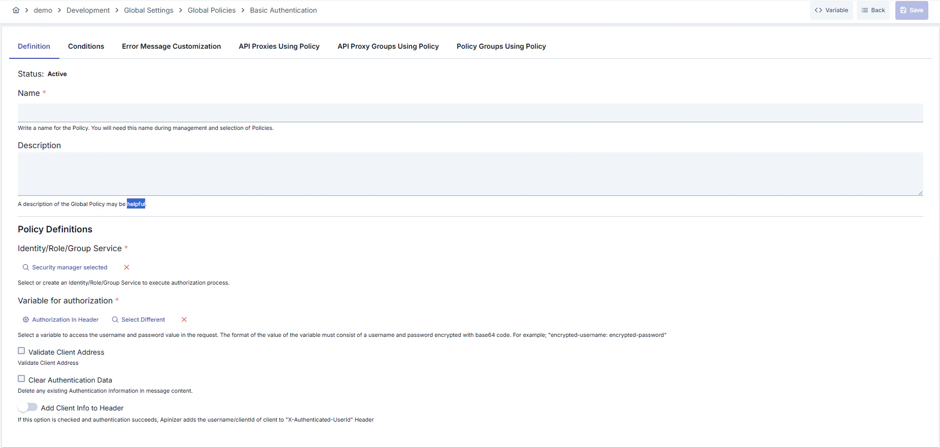 Basic Authentication Policy Configuration