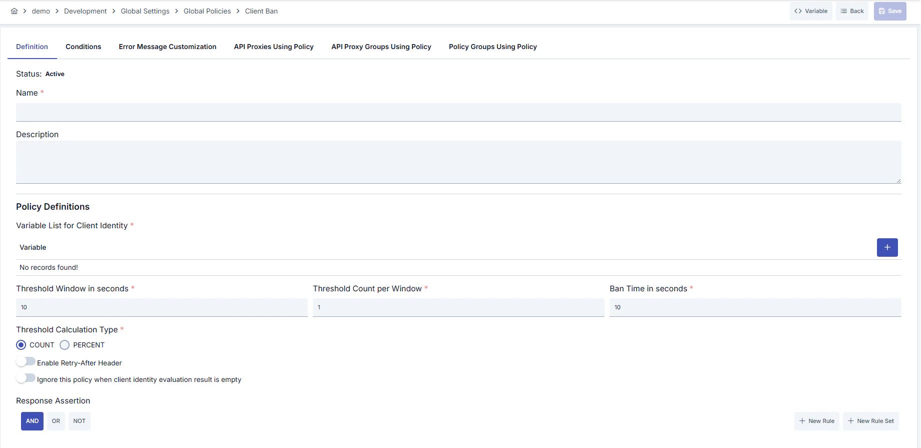 Client Ban Policy Configuration