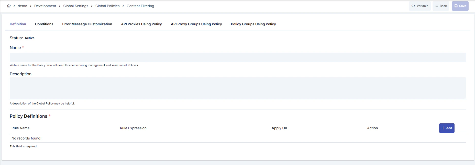 Content Filter Policy Configuration