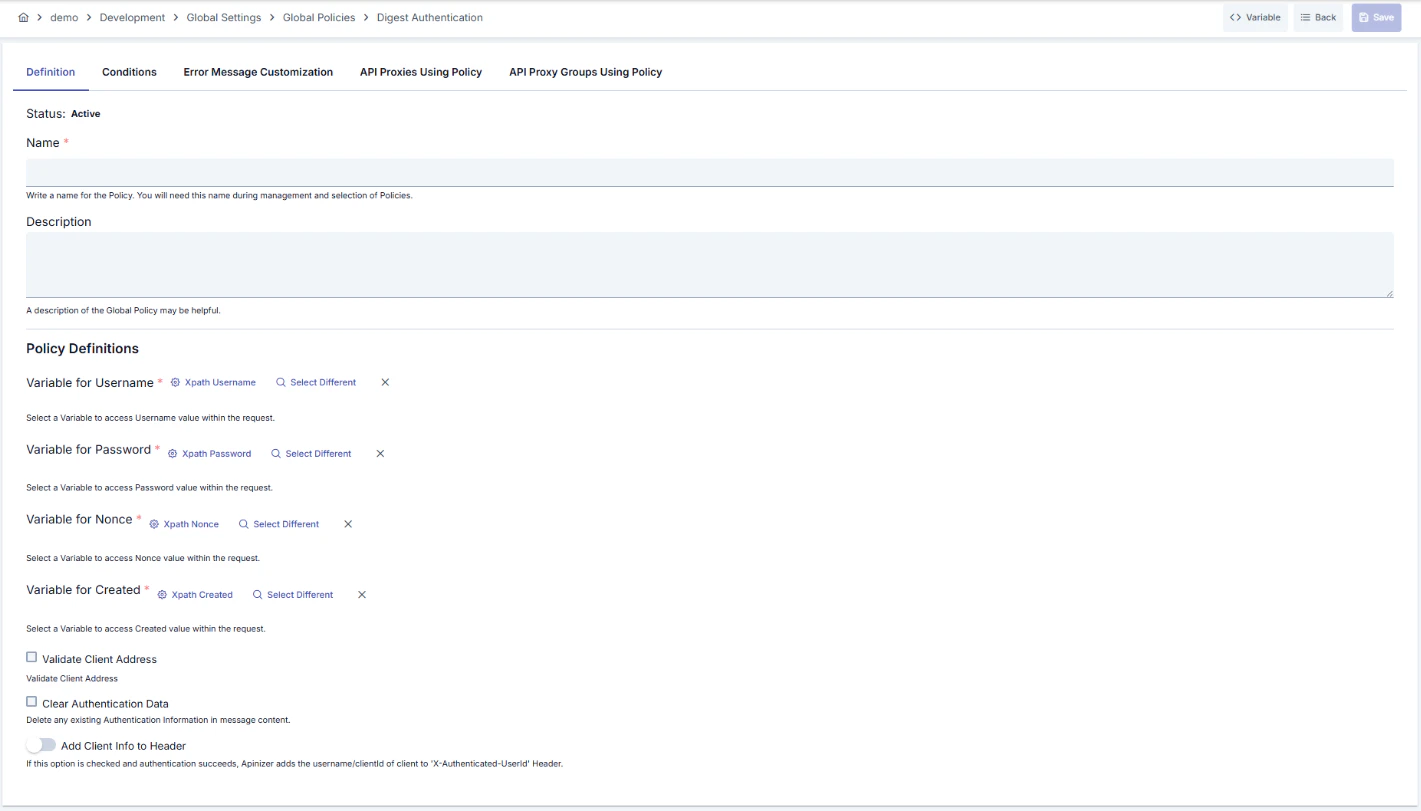 Digest Authentication Policy Configuration