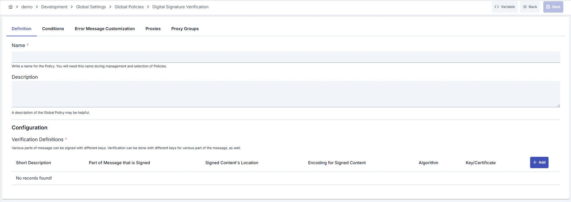 Digital Signature Verification Policy Configuration